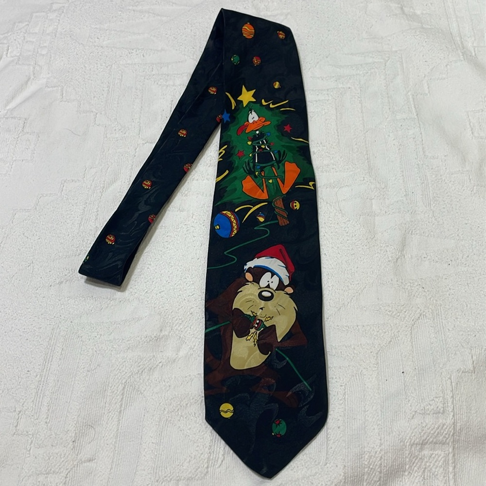 Vintage ‘95 Looney Tunes Mania Men's Neck Tie CHRISTMAS Taz & Daffy Duck Black